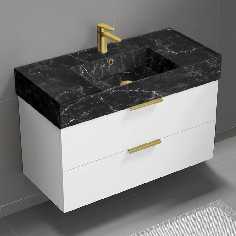 Bathroom Vanity Floating Bathroom Vanity, Modern, 40 Inch, Black Marble Style Sink, Gold Handles Nameeks DERIN908